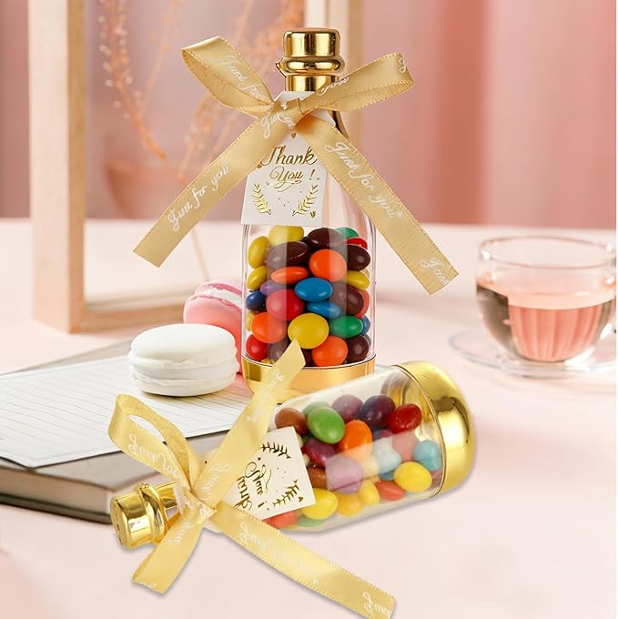 36PCS Mini Champagne Bottle Candy Container Shaped Jars Gold Plastic DIY Favor Candy Bottle Wedding Party Favor Containers, Comes with Card and Bow Ribbon