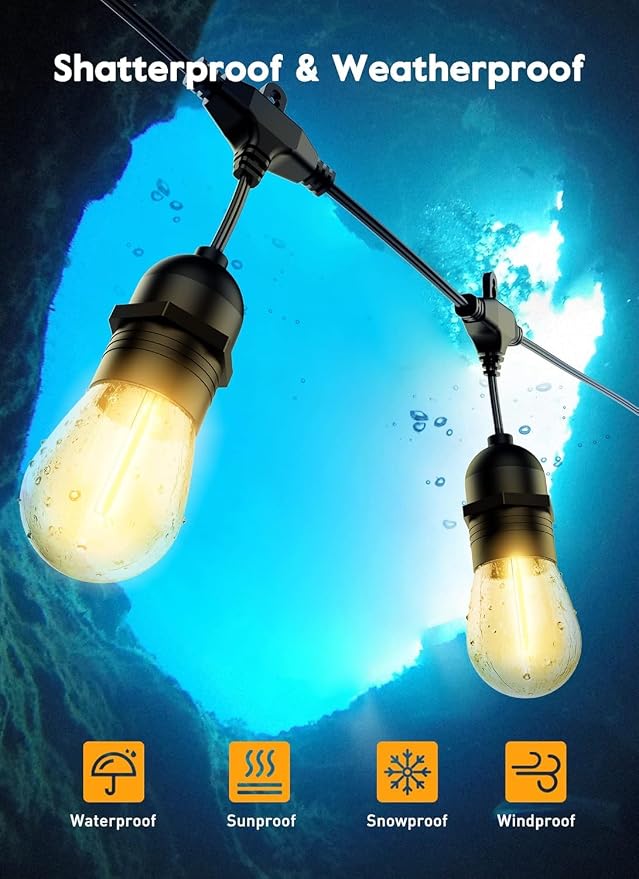 Brightown Outdoor String Lights, 52FT 15 Bulbs Shatterproof Patio Lights with Remote, IP65 Waterproof Dimmable Hanging Connectable LED Outdoor Lights for Backyard, Bistro, Porch, Deck, Balcony