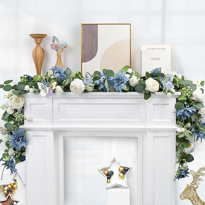 Eucalyptus Garland with Flowers - 6 Pack 5.9 FT Artificial Flower Garland with Butterflies Faux Rose Greenery Garlands for Backdrop Wedding Arch Centerpieces Decorations - Dusty Blue & White