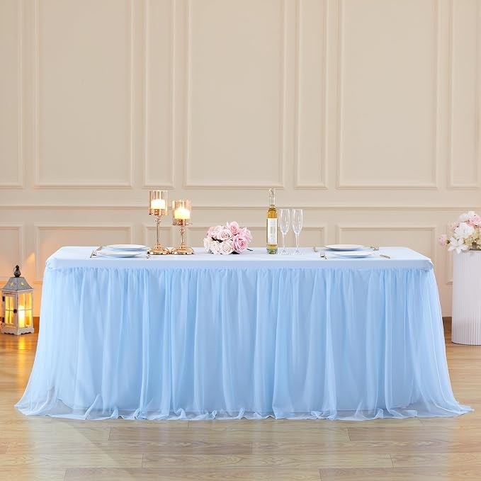 Baby Blue Tulle Tablecloth Table Skirt for 6 Foot Rectangle Tables with Ruffle Tutu Design for Wedding Reception Party Birthday, 4 Pack, 6ft Spandex Fitted Table Cover