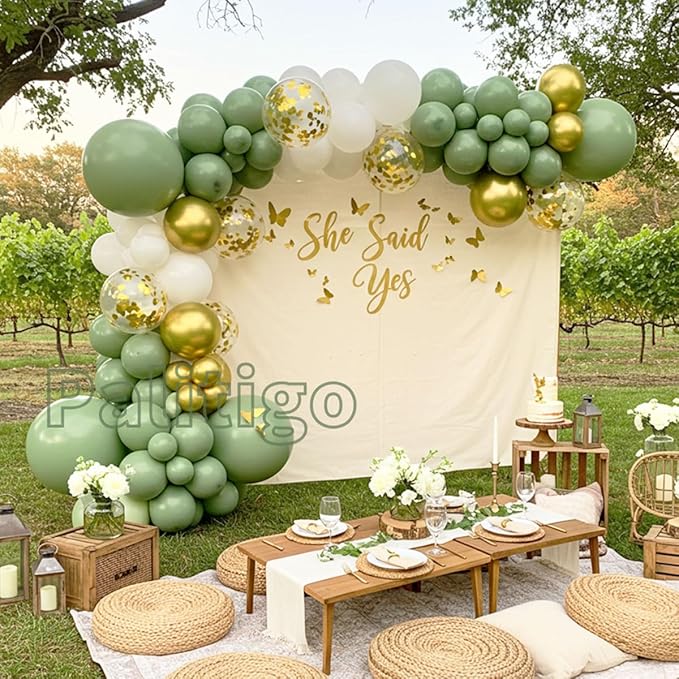 Green Balloon Garland Kit with Sage and Olive Balloons - 112pcs Sage Green Balloons with Gold Butterfly for Weddings, Baby Showers, Birthdays, and Jungle/Tropical Theme Decorations