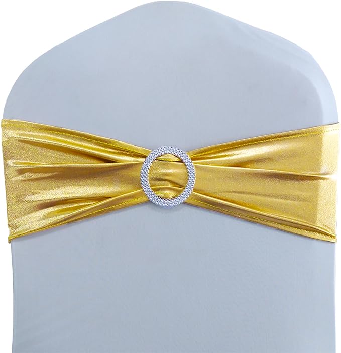 Wedding Spandex Metallic Gold Chair Sashes 100 Pack Chair Bands with Buckle Bronzing Gold Chairs Bows for Party Birthday Bridal Shower Engagement Anniversary Christmas Event Decorations