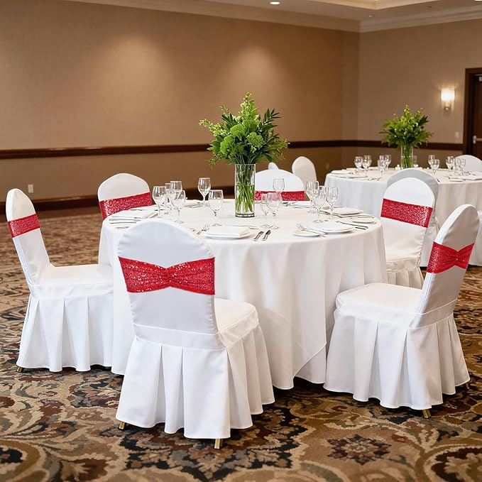 SquarePie Pack of 20 Sequin Chair Sashes Bands Red Sparking Bows for Wedding Banquet Party Decor
