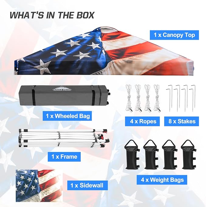 EAGLE PEAK Commercial Canopy 10x10 Pop Up Canopy Tent with 1 Sidewall, Easy Setup Heavy Duty Instant Event Shelter for Vendors & Markets, Outdoor Sun Shade, Stars and Stripes