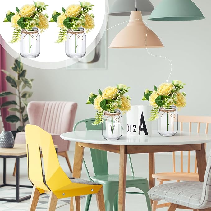 XunYee 10 Set Mason Jar Table Centerpiece with Flower Mason Jar Flower Centerpiece Vases Decor for Engagement Party Bridal Shower Wedding Reception Table Decor(Champagne,Gypsophila Rose)
