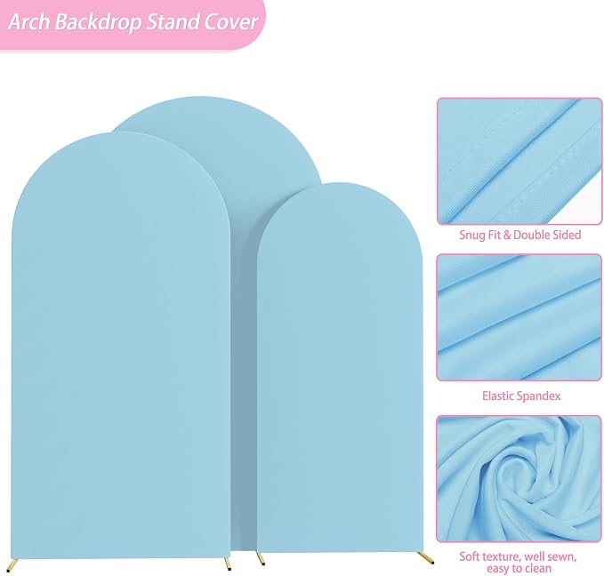 Wokceer Wedding Arch Cover (7.2FT, 6.6FT, 6FT) Set of 3 Spandex Fitted Wedding Arch Stand Covers for Round Top Chiara Arch Backdrop Stands Cover for Birthday Party Ceremony Banquet Decor Dusty Blue