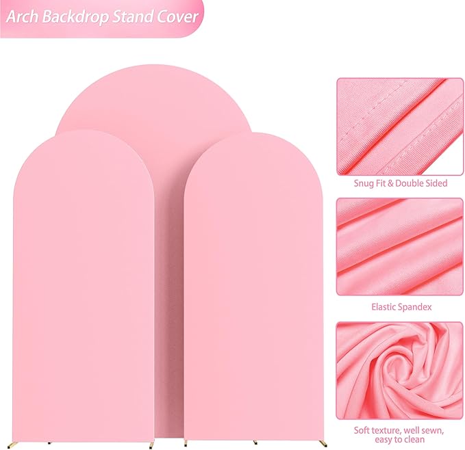 Wokceer Wedding Arch Backdrop Cover 7.2FT, 6FT, 6FT Spandex Set of 3 Wedding Arch Stand Covers Round Top Chiara Backdrop Stands Cover for Birthday Party Ceremony Banquet Decor Pink