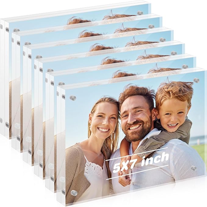 Kigley 6 Pcs 5 x 7 Inch Acrylic Picture Frames, Clear Acrylic Photo Business Card Frame Desktop Display Double Sided Wallet Size Frame Freestanding Frames for Film Photos Cards Stamp