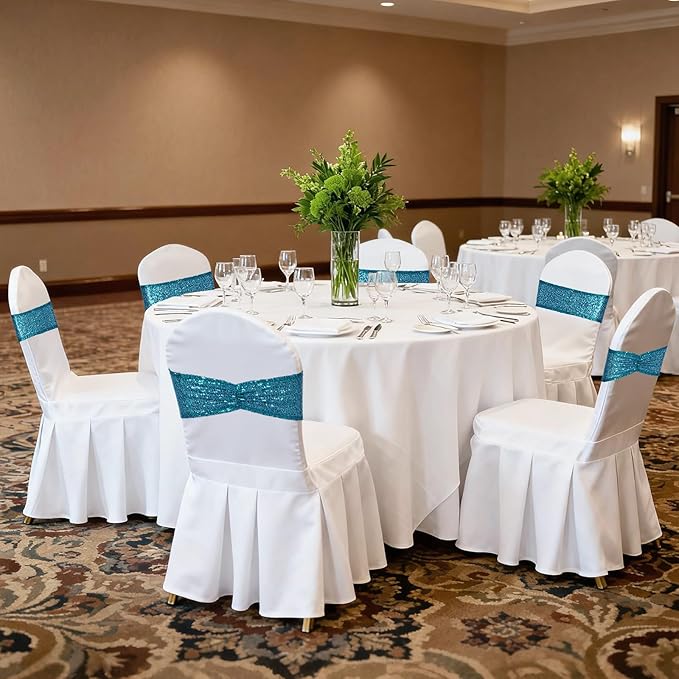 SquarePie Pack of 20 Sequin Chair Sashes Glitter Teal Bows Bands for Wedding Banquet Party Decor
