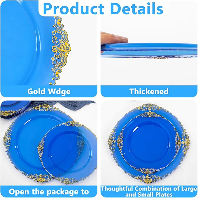 102PCS Blue Plastic Plates - Royal Gold Disposable Plates - Clear Blue Party Plate - Heavyweight Disposable Plate with Gold Rim - Fancy Dinner & Dessert Plates for 51 Guests Party Wedding