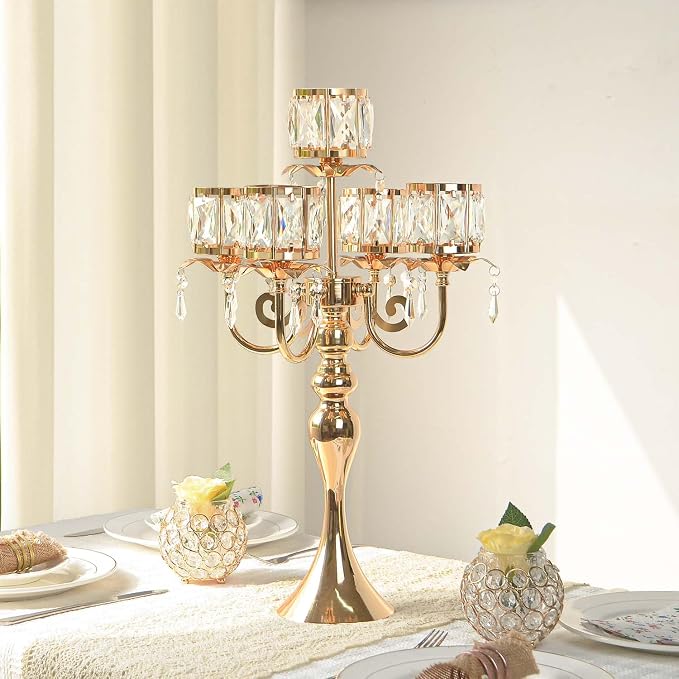 Gold Candelabra Candle Holders, Elegant Bling Centerpiece with Pendant Crystal Table Decorations 5 Arms Candlesticks for Dining Room,22 Inches Tall (4, Gold)