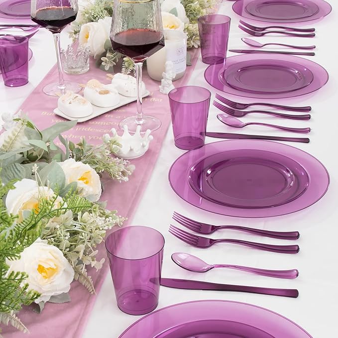 WDF 25 Guest Purple Plastic Plates with Disposable Silverware & Plastic Cups include 25 Neon Clear Purple Dinner & Salad Plates,25Forks, 25Knives,25 Spoons,25Cups for Party