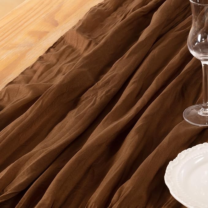 DeZerlor Brown Cheesecloth Table Runner 4 Pack Spring Easter Table Runners Boho Gauze 120 Inches Marron Cheese Cloth Table Decor for Wedding Bridal Baby Shower Parties