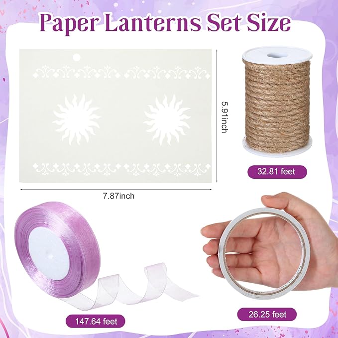 Beeveer 20 Pack Princess Sun Hanging Lanterns DIY Set Purple Princess Hanging Paper Lanterns Purple Sun Cutout Square Round Decorations for Birthday Party, Light String Not Included(Classic Color)