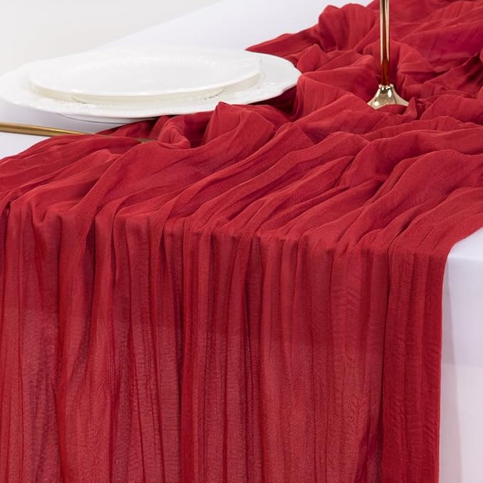 Socomi 10pcs Red Cheesecloth Table Runner Boho Rustic Gauze 120 inch 10FT Cheese Cloth Sheer Runner for Wedding Party Baby Shower Birthday Home Decor Holiday Decorations