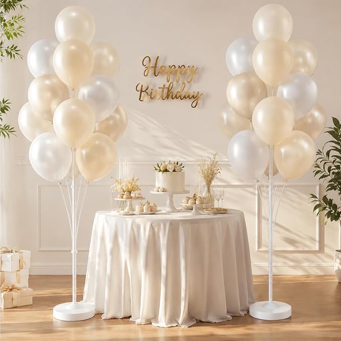 Balloon Column Stand Kit,2 Sets of Assorted Rainbow Balloon Tower Pillar with 10inch Bright Color baloon Reusable Design for Grirls Party,Birthday, Wedding,Baby Shower (Pearl Ivory White)