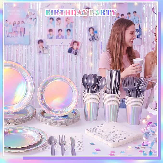 175 Pcs Iridescent Party Plates and Napkins, Iridescent Party Decorations Include Scalloped Holographic Paper Plates and Napkins Set for Birthday, Mermaid, Disco, Frozen