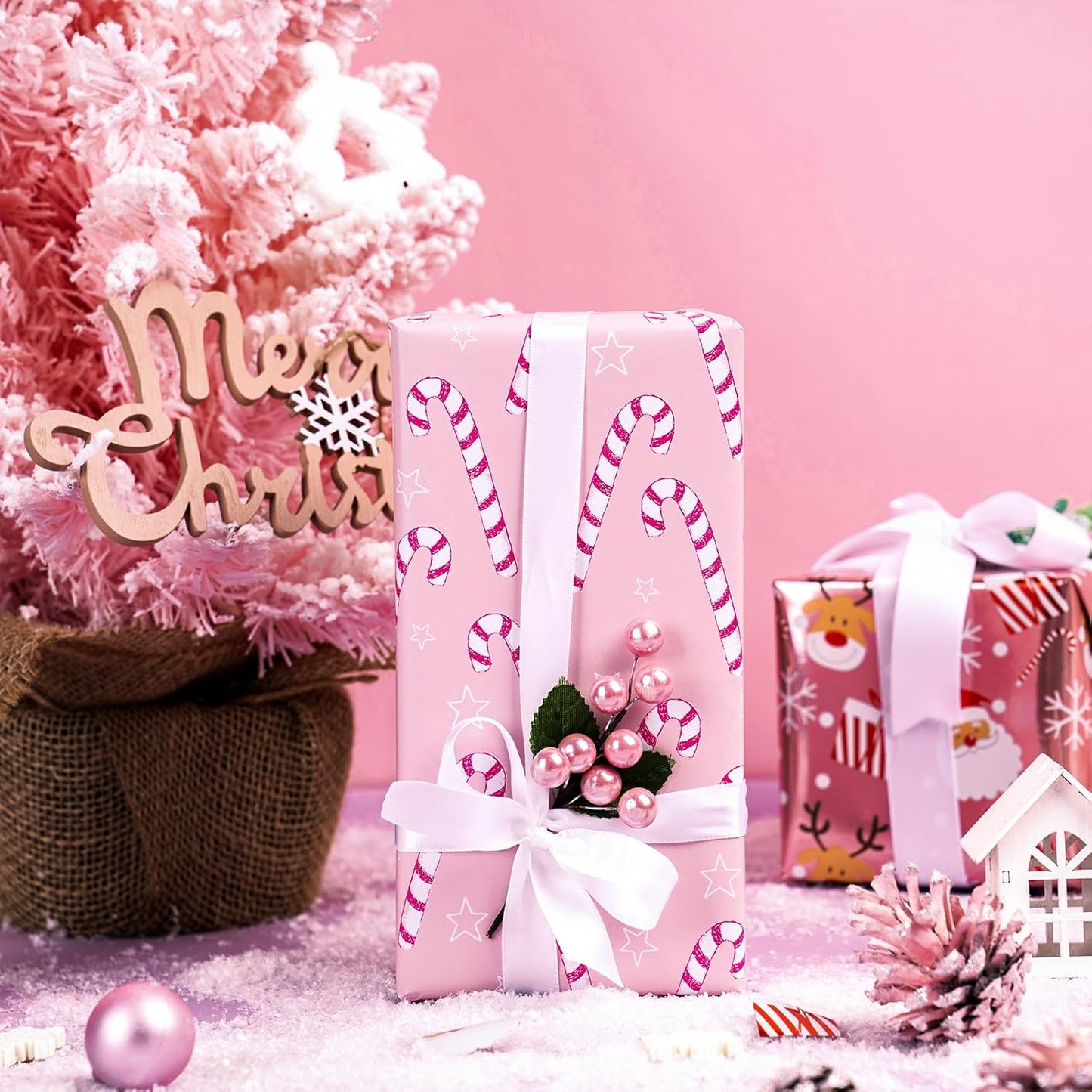 LeZakaa Christmas Pink Wrapping Paper Jumbo Roll, Santa Claus & Candy Cane, Metallic Foil, Rose Gold Foil Reversible Design for Festive Winter Holiday, Family Gathering, 30 inches x 32.8 Feet