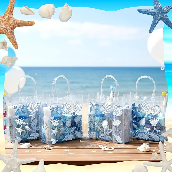 Teenyyou 24 Pcs Ocean Seashell Beach Gift Bags with Handles Starfish Shell PVC Gift Bags Candy Treat Tote Party Favor for Birthday Party Supplies