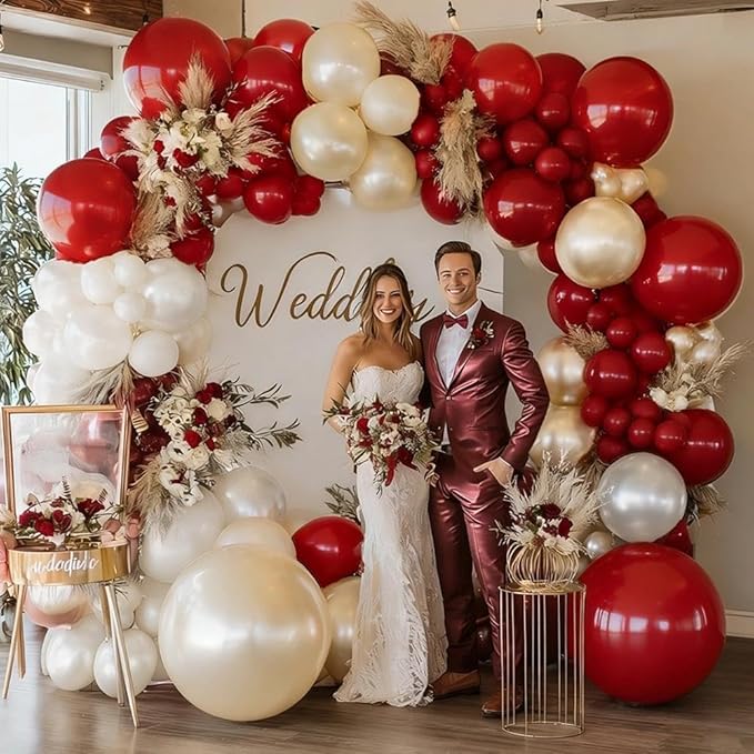 Red White Balloon Garland Double Stuffed Dark Red Pearl White Balloon Arch Kit Burgundy Balloons for Mother's Day Birthday Wedding Bridal Shower Engagement Graduation Party Decor