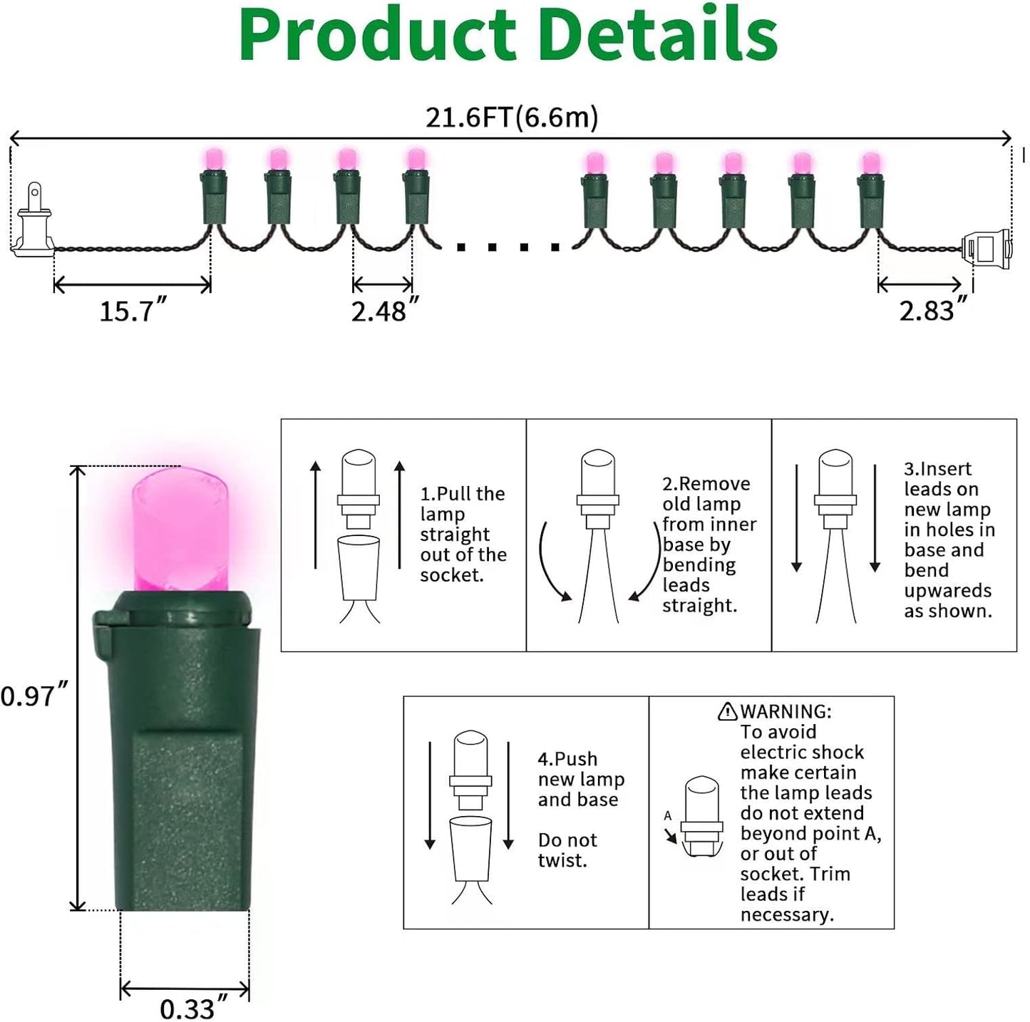 100 Count Pink - 21.6FT LED String Lights, Mini LED Lights for Indoor/Outdoor Home Holiday Party Wedding Independence Day Decoration