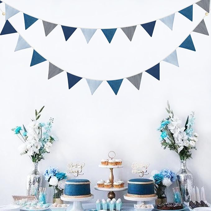 2 Sets of Blue Grey Nursery Garland 24Pcs Royal Fabric Linen Baby Banner Triangle Pennant Flags Streamers for Kids Boys Nautical Birthday Baby Shower Party Decorations Baby Bedroom Nursery Decor