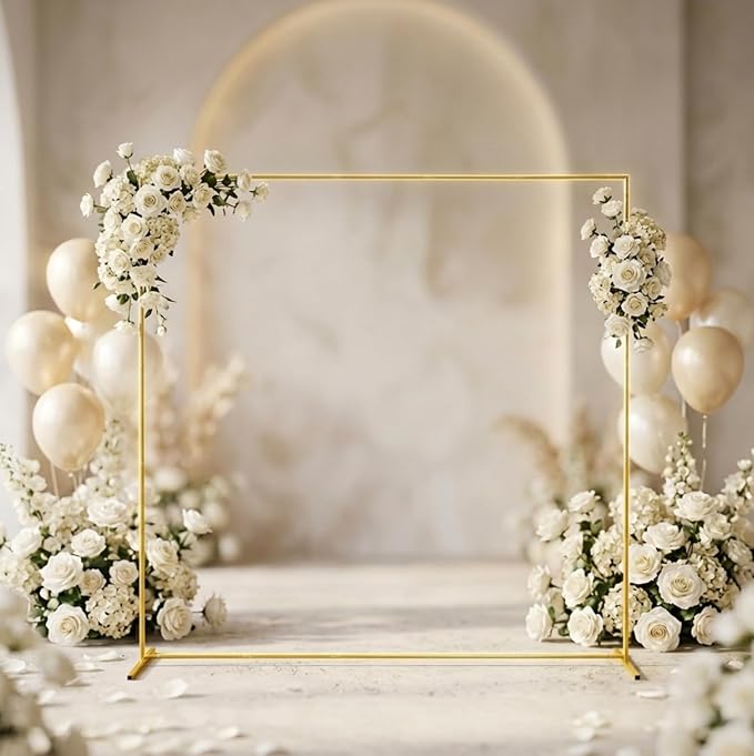 Metal Wedding Arch Backdrop Stand 6.6x5 FT Gold Square Balloon Arch Frame for Wedding, Birthday Party, Baby Shower Ceremony Decoration