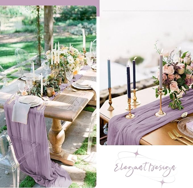 Showgeous 6 Pack Purple Cheesecloth Table Runner, 10FT Long Semi-Sheer Boho or Rustic Gauze Table Runner Wedding Table Decor for Wedding Decor Arch Draping Bridal Shower Holiday Party