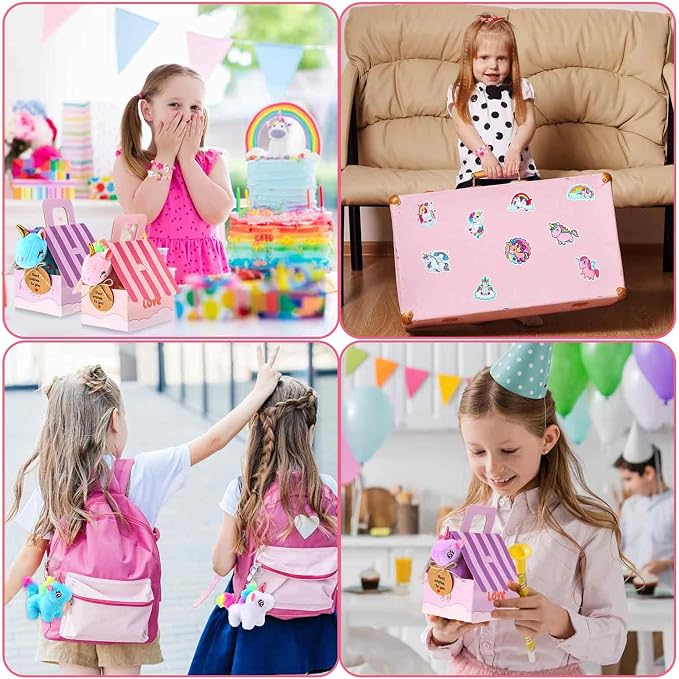 Remuuly 88 Pcs 12 Sets Unicorn Party Favor for Girls Mini Unicorns Stuffed Animals Bulk Plush Keychains Gift Box Bracelet Sticker for Goodie Bag Birthday Students