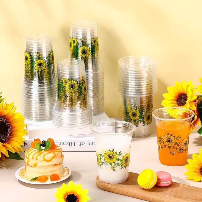 Hushee Sunflowers 60 Pcs Party Cups 16 oz Plastic Disposable Drinking Cups for Birthday Love Baby in Bloom Baby Shower Summer Fresh off The Market Bridal Shower Decorations Supplies