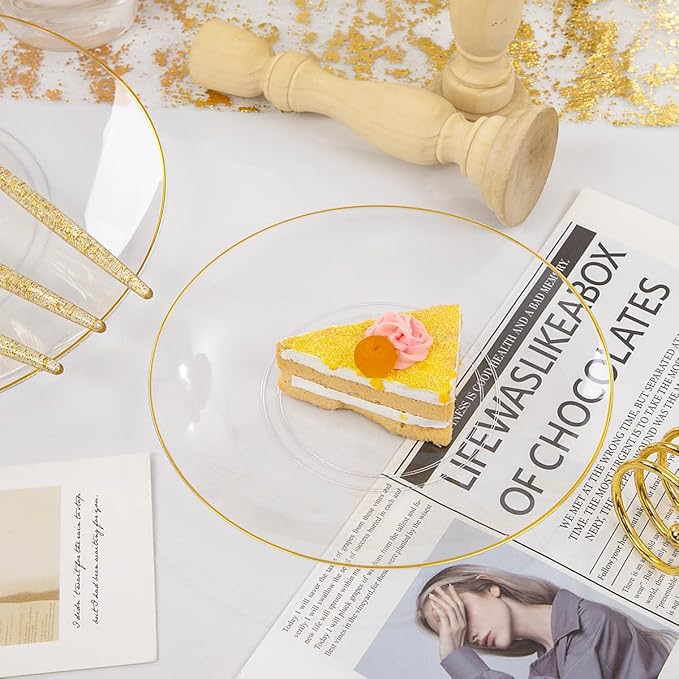 Liacere 150PCS Clear Gold Plastic Plates - Gold Plastic Silverware with Glitter Handle - Clear Disposable Plates Include 30 Guests Plates, Forks, Spoons, Knives for Wedding & Party
