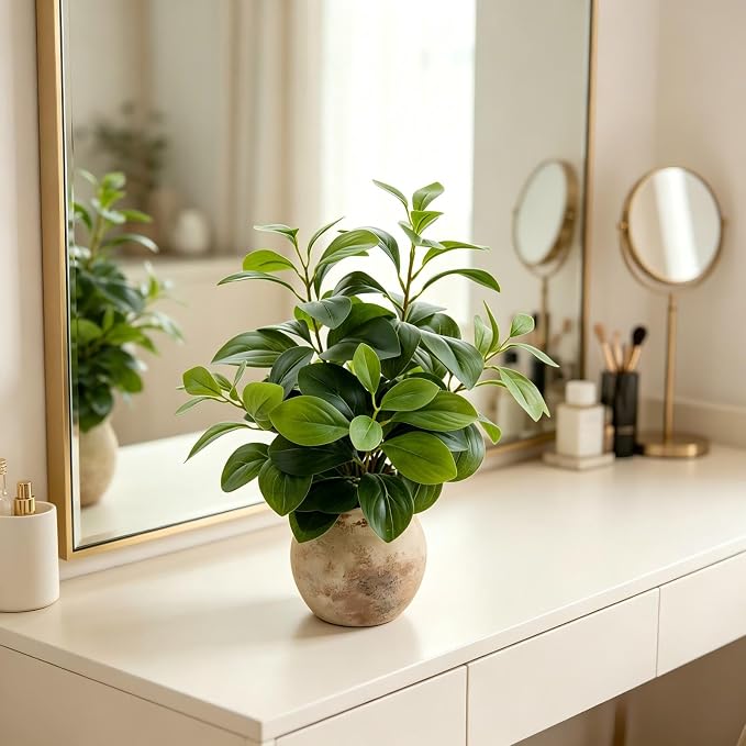 AlphaAcc 17" Artificial Fig Leaf Plant in Vintage Ceramic Pot - Faux Ficus Greenery for Kitchen, Living Room & Rustic Decor
