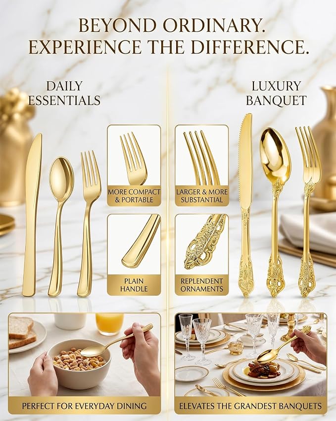 bUCLA HEAVYWEIGHT 150PCS Gold Plastic Silverware Disposable - Extra Heavy Duty Plastic Cutlery - Gold Disposable Utensils Set - Include 50 Knives, 50 Forks,50 Spoons for Party & Special Moments