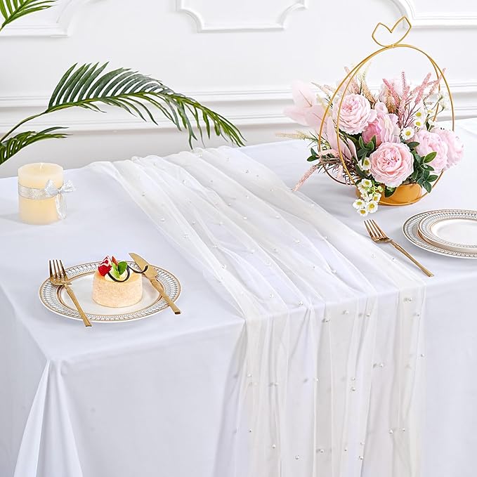 LuoluoHouse Pearl Tulle Table Runner Fabric: Beige 10ft Wedding Veil Seasonal Dessert Chiffon Pearl Lace Boho Overlay Wedding Aisle Runner Party Decorations Doilies