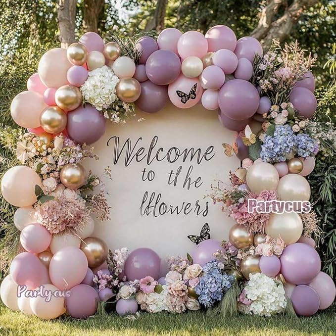 Dusty Purple Pink Balloon Arch Kit, Double Stuffed Lavender White Sand Pearl Balloon Garland with Pastel Pink Lilac Blush Gold Latex for Baby Shower Birthday Wedding Mothers Day Fairy Party