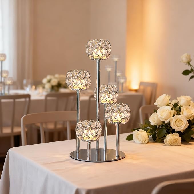 5-Arm Crystal Tealight Candelabra Centerpiece, 14.8 Inch Metal Candle Holder for Table Decor, Wedding, Christmas, Party, Anniversary & Home Decoration (1, Silver, S-14.8 in)