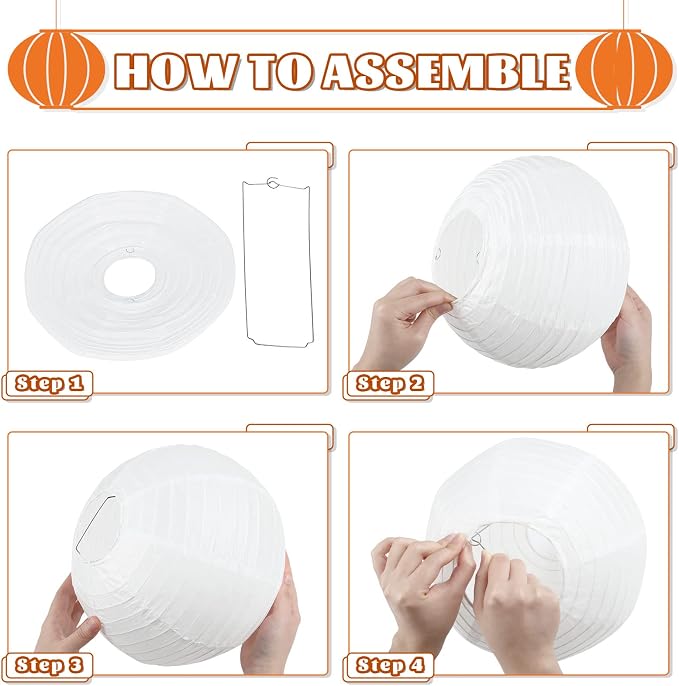 White Hanging Paper Lanterns, Round Chinese Paper Lanterns, Party Wedding Anniversary Decorations, 4 Size - 10 Pieces
