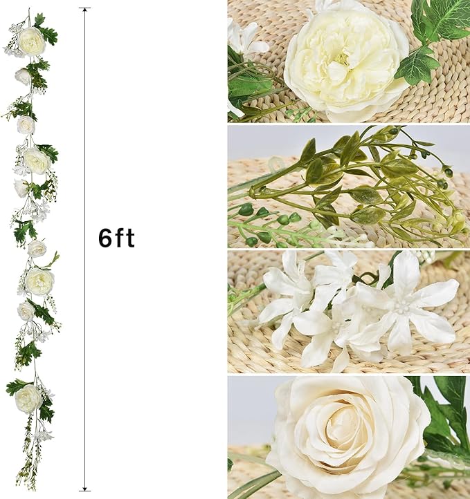 DearHouse 2Pack Artificial Peony Flower Garland - Silk Peony Garland with White Flowers for Wedding Party Table Decoration,6ft/Strand