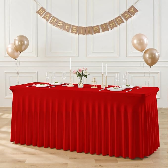 4 Pack 8ft Red Spandex Table Cloths for Rectangle Tables Wrinkle Free Red Tablecloths Rectangle Stretch Fitted 6 Foot Table Cover with Skirt for Birthday Party Baby Shower Wedding Banquet Buffet