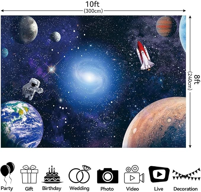 10x8FT Space Astronaut Cosmic Photo Backdrop Galaxy Stars Theme Newborn Gift Children Birthday Party Cake Table Photography Background Banner Polyester Fabric Decorations Supplies (10x8ft)