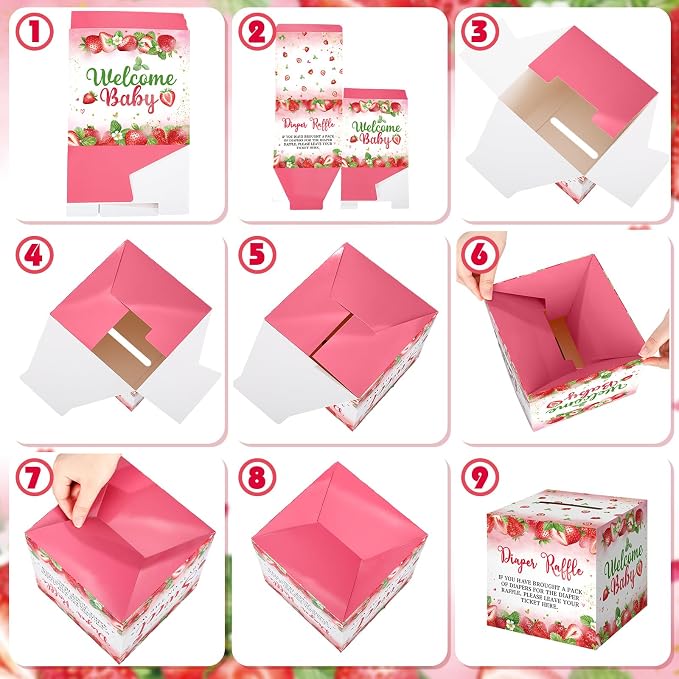 Teling 51 Pieces Diaper Raffle Tickets with Card Box Baby Shower Decorations Baby Shower Holder Box for Girl Boy Diaper Raffle Party(Strawberry)