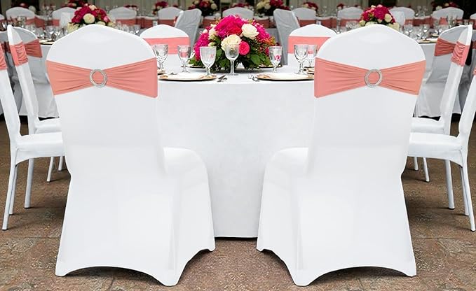 VDS - Coral Peach | Spandex Chair Sashes Bows | 125 PCS | Stretch Elastic Banquet Universal Folding Chair Band Tie with Silver Buckle Slider for Wedding Party Conference Celebration Event Decoration
