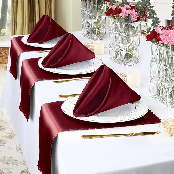 Homiest Burgundy Satin Napkins - 100 Pack, 17x17 Inches, Scalloped Square, Silky Elegant Wedding Napkins for Restaurant, Banquet, Graduation Party