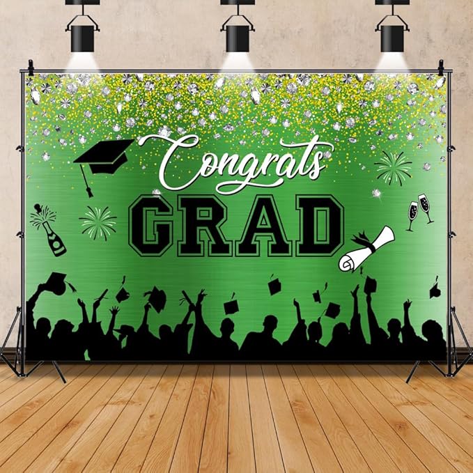 Leowefowa Congrats Grad Graduation Backdrop 10x7ft Green Gold Glitter Graduation Backdrops for Photography Congratulations Graduates Backdrop Banner Grad Prom Party Decor Grad Photo Booth Props