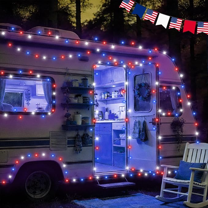 QITONG Red White and Blue Solar String Lights, 2 Pack Each 33ft 100 LED 4th of July Lights Outdoor Waterproof, 8 Modes Green Wire Solar Patriotic Lights for Independence Memorial Day