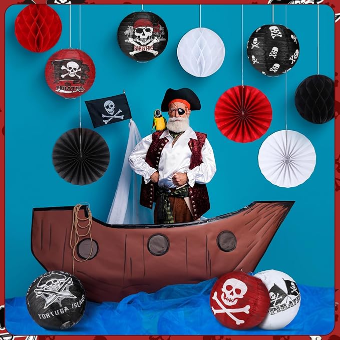 Baquler 18 Pcs Pirate Theme Party Decoration Pirate Skull Hanging Paper Lantern Fans Black Red Honeycomb Ball for Nautical Birthday Party Ornament Ceiling Decor Supplies