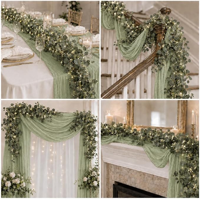 Cinrobiye 11pcs Cheesecloth Table Runner Set 120 Inch – Gauze Table Runner with Napkins, Eucalyptus Garland & String Lights for Wedding Baby Shower Table Decor, Rustic Boho