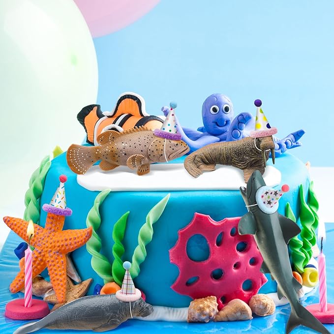 Colingmill 18 Pcs Sea Animal Birthday Party Decorations Mini Birthday Hat Animal Figure Model Cake Toppers with Mini Hat for Animals Themed Party