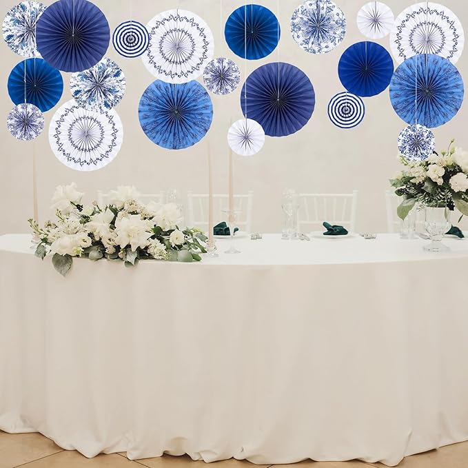 Feifeiya 12 Pcs Chinoiserie Hanging Paper Fans 8'' 12'' 16'' Blue and White Floral Paper Fans Set Round Porcelain Print Hanging Decorations for Birthday Wedding Events Party