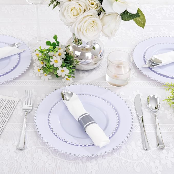 Supernal 100pack Silver Plastic Silverware with Napkins, Prewrapped & Rolled Silver Disposable Utensils (100 Forks, 100 Spoons, 100 Knives), Heavy Duty Cutlery Set with Napkin for Wedding & Party